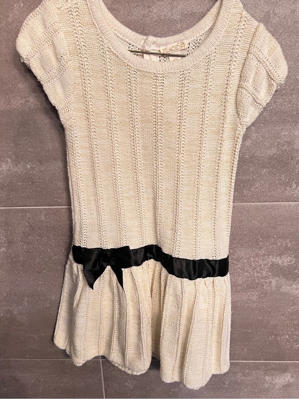Girls Cream Knit Dress with Gold Threading and Black Bow